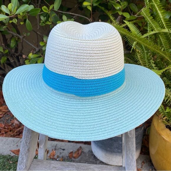 NWT Eugenia Kim Genie Billie Colorblock Packable Straw Fedora in Ivory/Teal/Mint main image 6